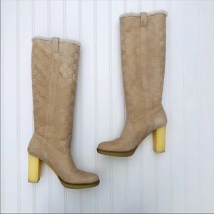 Gucci Monogram Over The Knee Block Heel Boots